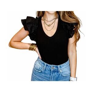 Day+Moon Women's Medium Solid Black Short Sleeve Ruffle V-Neck Bodysuit